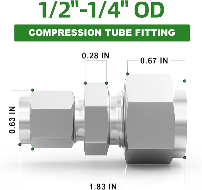 TAISHER 5PCS 304 Stainless Steel Compression Tube Pipe Fitting Connector, 1/2" Tube OD x 1/4" Tube OD Straight Adapter