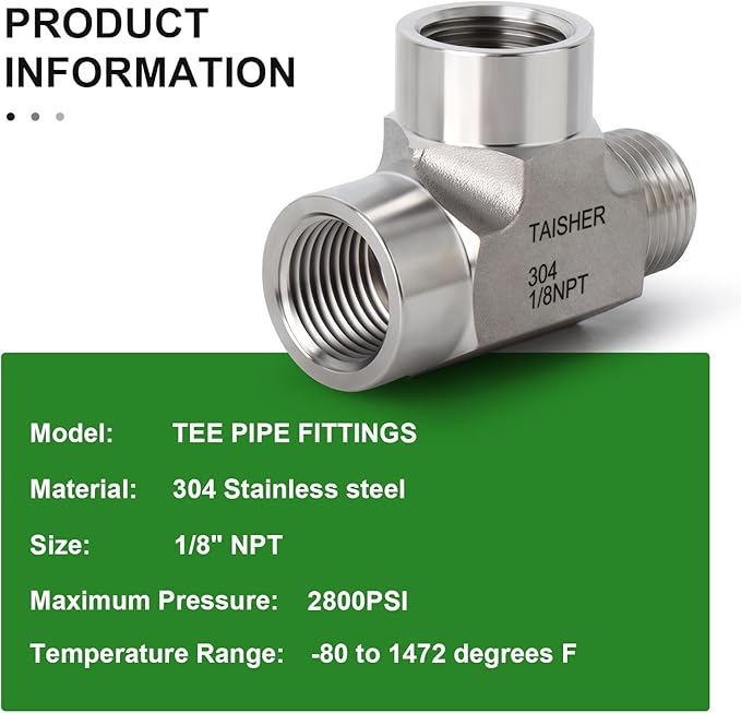 TAISHER 2PCS Forging of 304 Stainless Steel Tee Pipe Fittings, 1/8" NPT Female x 1/8" NPT Female x 1/8" NPT Male Pipe Fittings, Male Run Tee