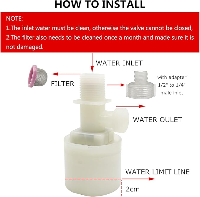 Water Float Valve, Water Level Control Water Tank Traditional Float Valve Upgrade 2 PCS（1/2" to 1/4", up inlet）