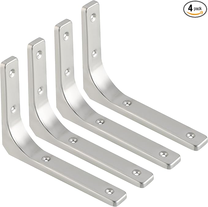 SAYAYO Heavy Duty Floating Shelf Brackets 8 Inch x 6 Inch, Stainless Steel Wall Shelf Brackets & Supports Brushed Nickel L Bracket, Angle Bracket Corner Brace for Wood, 4Pcs