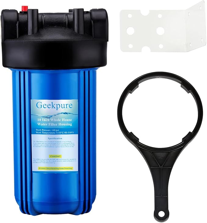 Geekpure 10-Inch Whole House Water Filter Housing with Wrench and Bracket-4.5 x 10 Inch-3/4-Inch Port
