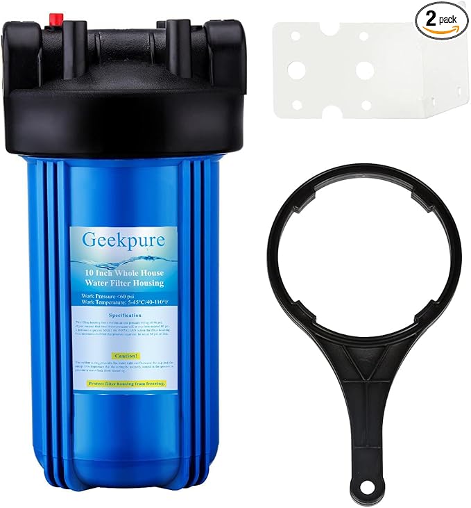 Geekpure 10-Inch Whole House Water Filter Housing 4.5"x10"1-Inch Outlet/Inlet with Wrench and Bracket-Blue Color -Pack of 2