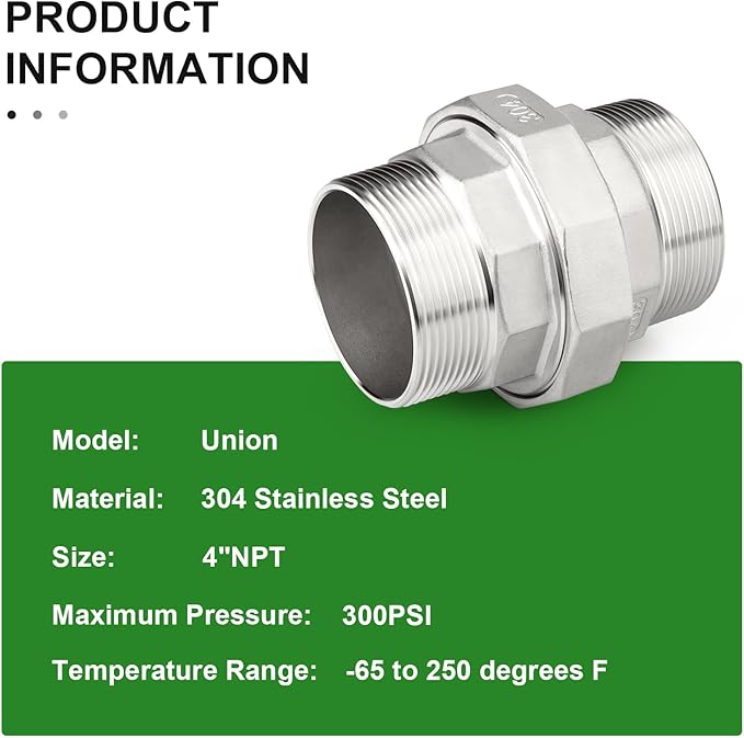 TAISHER 1PCS 304 Stainless Steel Union，4" NPT Male x 4" NPT Male Cast Pipe Fitting