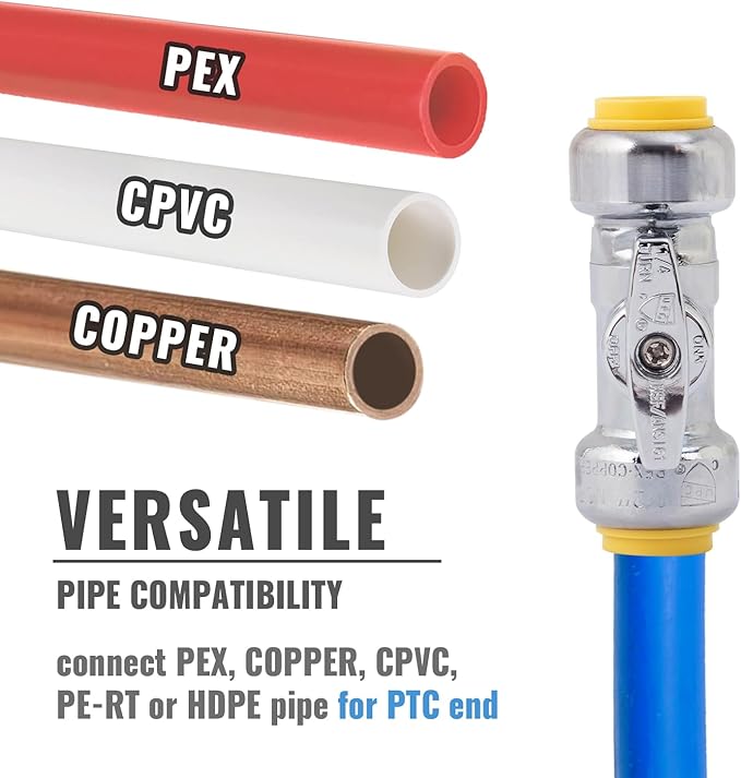 SUNGATOR 1/2 Inch Straight Shut Off Valve, 1/2 Inch Pushfit Straight Stop Valve, No Lead Brass Plumbing Fittings Push to Connect PEX, Copper, CPVC, With 1 Disconnect Clip, Pack of 6