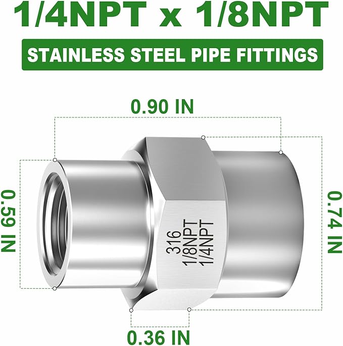 TAISHER 2PCS Forging of 316L Stainless Steel Pipe Fitting, Reducer Coupling, 1/4" NPT Female x 1/8" NPT Female, Reducing Pipe Adapter Fitting