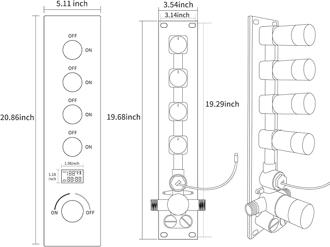 Shower Valve Concealed Shower Mixing Faucet with Temperature Display Function, Flow Control Brass Diverter Valve Kit, 4 Function Can Be Activated Simultaneously, Brushed Nickel