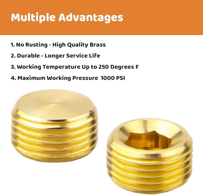 (5-Piece) Besosay 3/8" NPT Brass Pipe Plug Fitting, Counter Sunk Thread Internal Hex Head Style Male for Closing the End of Pipe