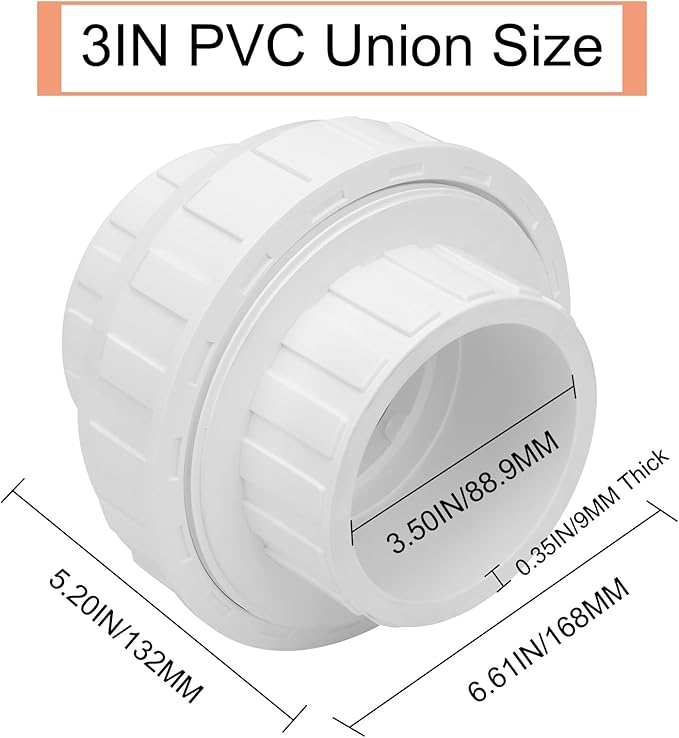 3" PVC Union Coupling Pipe Fitting (Socket x Socket) 3Inch PVC Slip Union Adapter Coupling Schedule 40, EPDM O-Ring, White