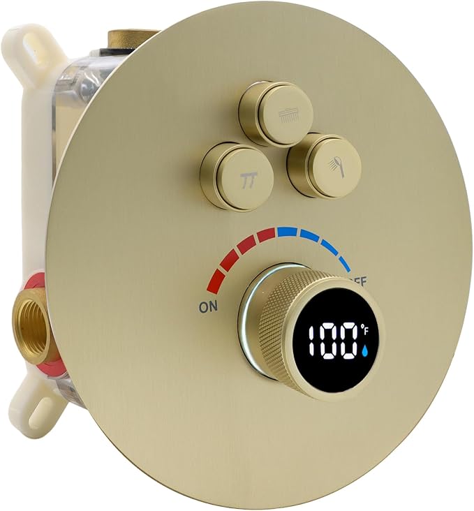 Round Digital Display Shower Valve 3 Way Shower Mixing Valve Concealed Installation Can Use All the Time Brushed Gold