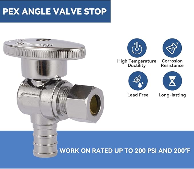 Angle Stop Valve,1/2 Inch Pex X 3/8 Inch OD Compression Angle Shut-off Valve with 1/4 Turn on/off (Pack of 4,ASTM F1807)(VALVE076-4Pack)