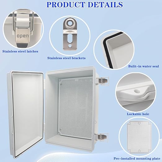 Waterproof Electrical Box Junction Box Weatherproof IP67 ABS Plastic Enclosure Switch Router Project Box Electronics DIY Enclosure with Mounting Plate and Wall Bracket Grey 13.8"x9.8"x5.9"
