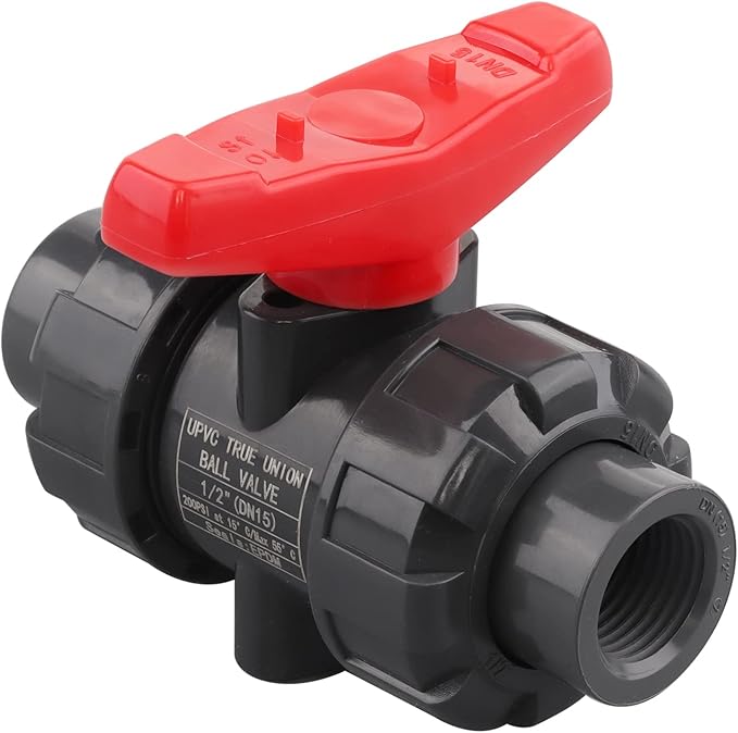 DERNORD PVC True Union Ball Valve NPT Threaded with Full Port, EPDM O-Rings, and Reversible PTFE Seats, Rated at 200 PSI (1/2 Inch NPT Threaded)