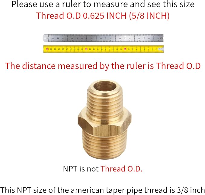 Brass Bushing Nipple, Reducing Nipple, Reducer Adapter, 1/4 Inch NPT x 3/8 Inch NPT Pipe, (6 Piece), Brass Extension Connectors, 0.625" OD × 0.5" ID