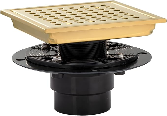 Square Shower Drain, Gold Shower Drain 6 inch with Flange and Removeable Grate Cover, AISI 304 Stainless Steel Gold Shower Floor Drain with Hair Catcher and Flange