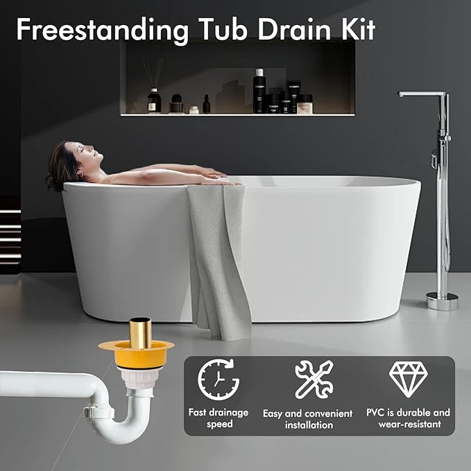 Freestanding Tub Drain Kit, Bathtub Drain Rough-in Kit with PVC Adapter and Brass Tail Pipes, Compatible with Freestanding Bathtub Drain, Floor Mounted Bathtub and Copper Bathtub, Yellow