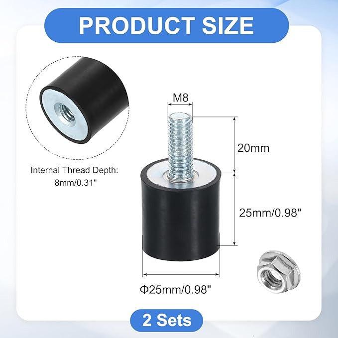 uxcell M8 Rubber Mounts, 2Pcs 25x25mm(DxH) Rubber Cylindrical Anti Vibration Isolator Shock Absorber with Lock Nut for Car Bobbin Generator Air Compressors