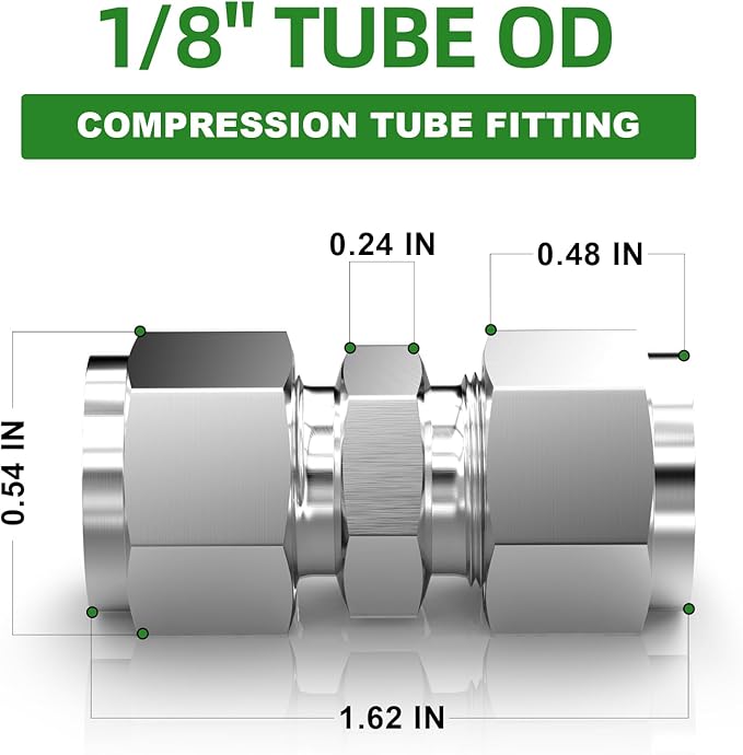 TAISHER 5PCS 304 Stainless Steel Compression Tube Pipe Fitting Connector, 1/8" Tube OD x 1/8" Tube OD Straight Adapter