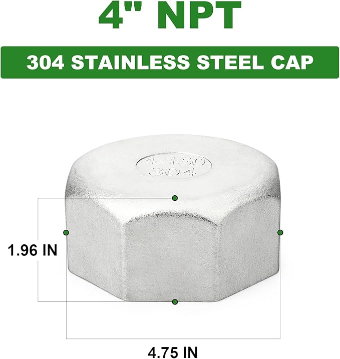 TAISHER 1PCS 304 Stainless Steel Cap Pipe Plug Socket Fitting 4" NPT Female