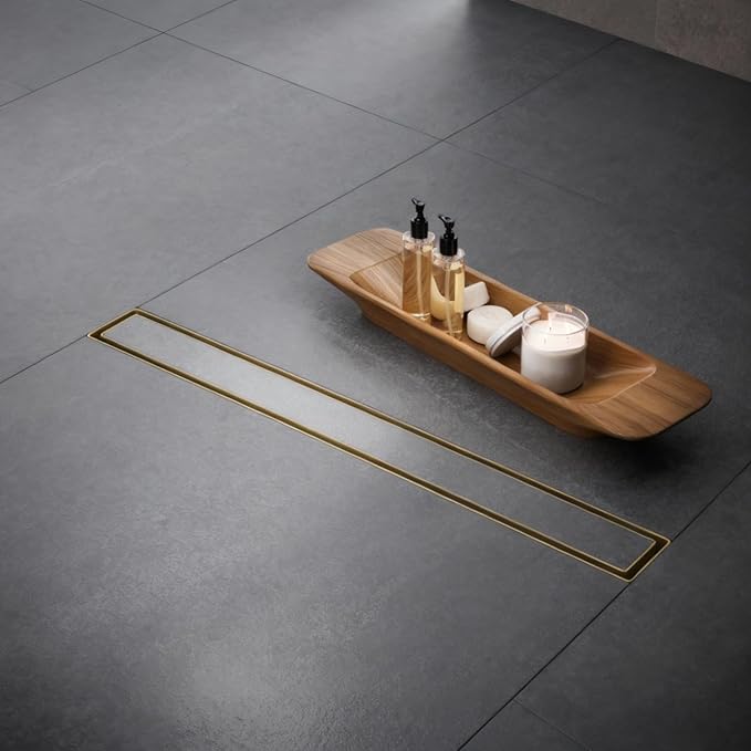 Linear Shower Floor Drain, Brushed Gold 28 Inch 304 Stainless Steel Bathroom Drains Kit, Rectangular Shower Trench Drain with Reversable Tile-in Pattern Drain Cover & Hair Catcher