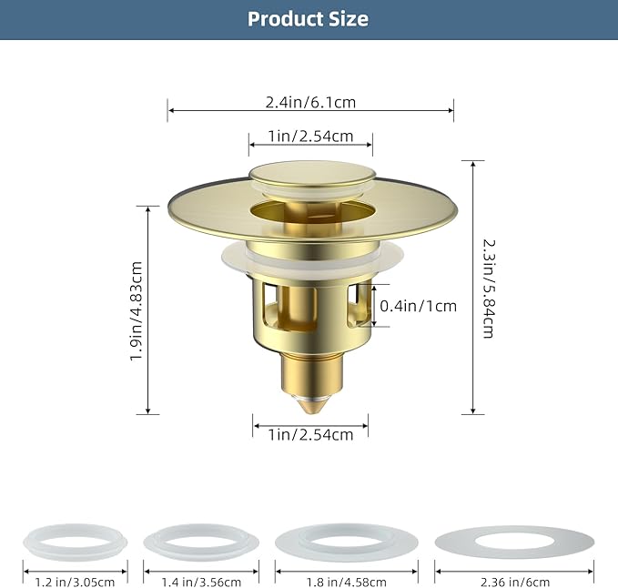 Hibbent 2 Pack All Metal Universal Bathroom Sink Stopper for 1.1''~2.3'' Basin, Pop Up Sink Drain Strainer, Brass Core Push Type Stopper, Stainless Steel Anti Clogging Drain Filter, Brushed Gold