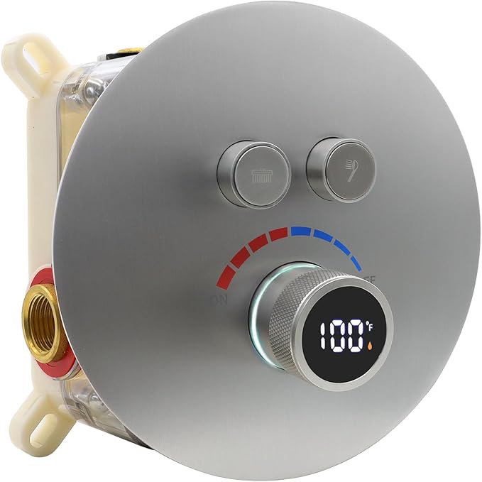 Round Digital Display Shower Valve 2 Way Shower Mixing Valve Concealed Installation Can Use All the Time Brushed Nickel