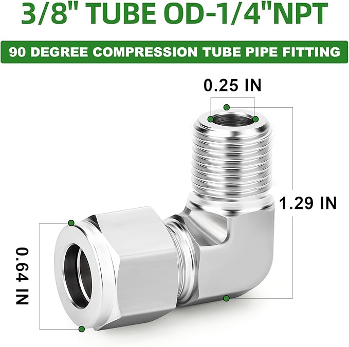 TAISHER 1PCS 316 Stainless Steel 90 Degree Compression Tube Pipe Fitting Connector, 3/8" Tube OD x 1/4" NPT Male Adapter