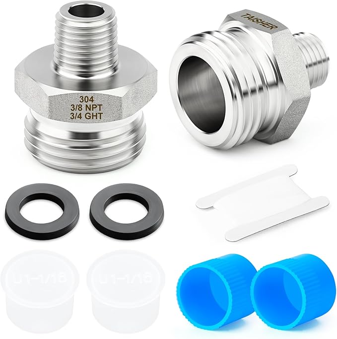 TAISHER 2PCS 304 Stainless Steel Garden Hose Adapter, 3/4" GHT Male x 3/8" NPT Male Garden Hose Connector with Washers