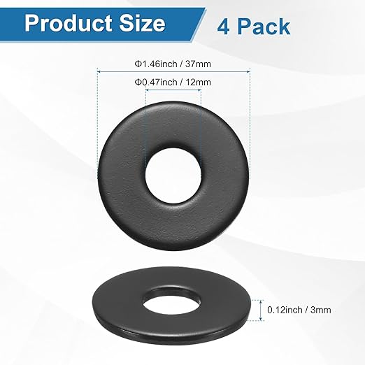 4-Pack M12 Flat Washers, Metric 37mm OD 3mm Thick 304 Stainless Steel Washers for Bolts Screws Nuts for Automotive/Machinery/Furniture, Flat Metal Washers [Black Galvanized]