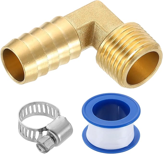 uxcell Brass Hose Barb Fitting, 5/8" x 1/2" NPT 90 Degree Elbow Hose Connector with Hose Clamps for Water Fuel Gas Oil Transportation