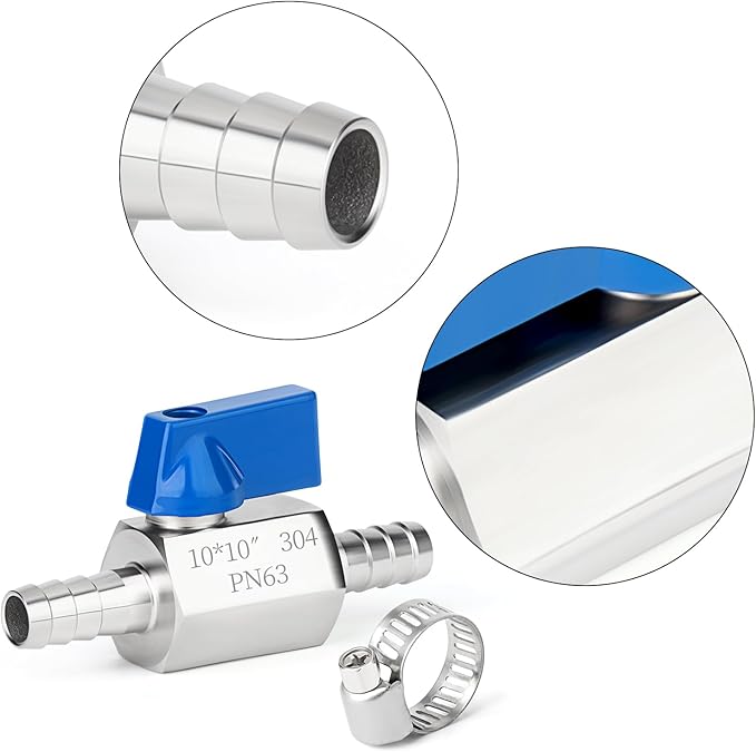 TAISHER 1PCS 304 Stainless Steel 3/8" Mini Ball Valve Shut Off Switch, 3/8” Hose Barb with 2PCS Hose Clamps