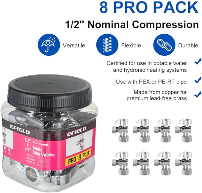 Pro 8-Pack EFIELD Angle Stop Valve 1/2" Nominal (5/8" OD) Compression x 3/8" OD, 1/4-Turn, Heavy-duty, Chrome Plated LF Brass,(VALVE371)
