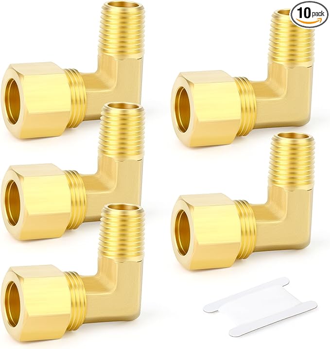 GASHER 5PCS Brass 90 Degree Elbow Compression Tube Pipe Fitting Connector, 1/2" Tube OD x 1/4" NPT Male Connector