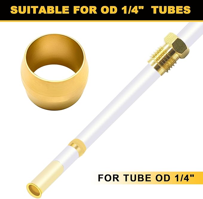 Siptenk 100PCS Brass Compression Sleeves Ferrules for Tube OD 1/4", Hose Compression Fitting Brass Ferrule for DOT Air Brake Lines, Water, Fuel, Oil