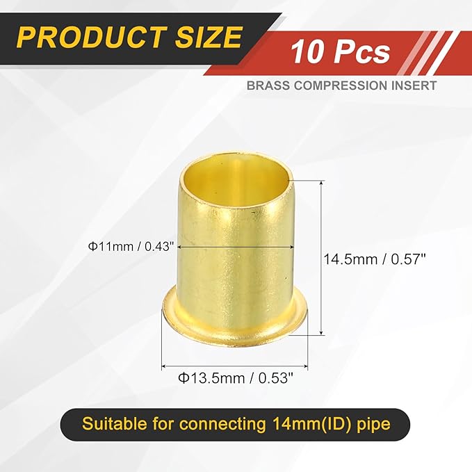 uxcell 10Pcs Fit for 11mm(7/16") Tube ID Brass Compression Fitting, Insert Tube Support Compression Sleeve Fitting, Sleeve Ferrules for Water Oil Air Pipe