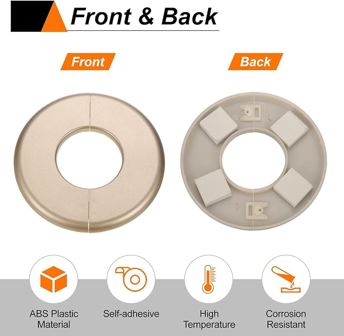 HARFINGTON 8pcs Wall Split Flange 26.5mm/1" Self-Adhesive Plumbing Cover Plates ABS Plastic Round Escutcheon Plate Buckle Design for Water Pipe Bathroom Kitchen Decoration, Gold Tone