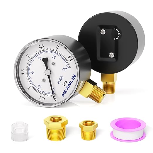 MEANLIN MEASURE 0-15 in H2O Diaphragm Type Capsule Low-Pressure Gauge, Water Column Gauge, 2.6" Dial, 1/4" NPT, Rear Adjustable Knob, with 1/2" NPT and 3/8" NPT Hex Bushing, Lower Mount