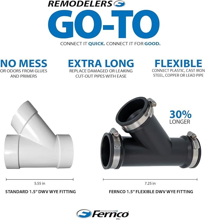 Fernco 1.5 in. Hub Flexible PVC Wye DWV Pipe Fitting Connector with Optional 1.25 in. Reducer Bushing for Cast Iron, Steel and Plastic Connections