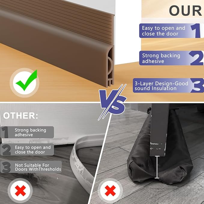 Door Draft Stopper,Adjustable Door Sweep for Bottom of Door,Silicone Weather Stripping Door Bottom Seal Blocker Air Noise,Under Door Gap Filler for Interior/Exterior Doors(Brown, 78inch)