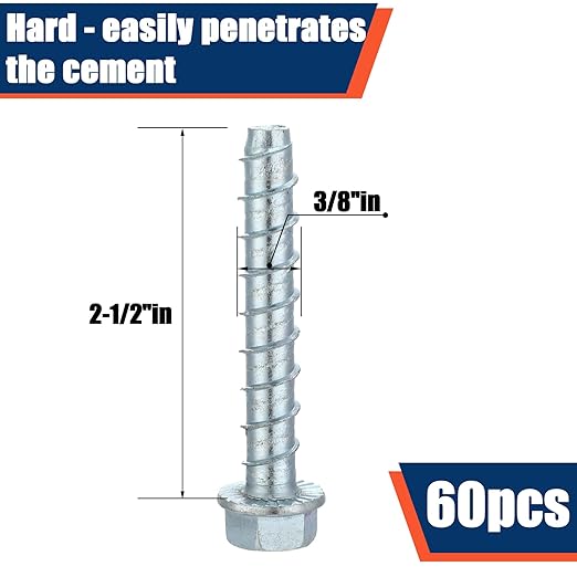 Tandefio 60 Pack 3/8" x 2"-1/2" Concrete Screw Anchor Galvanized Large Diameter Heavy Duty Plated Concrete Anchors for Masonry Brick Anchoring Block Decking Framing Hex Drive