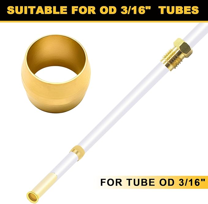 Siptenk 100PCS Brass Compression Sleeves Ferrules for Tube OD 3/16", Hose Compression Fitting Brass Ferrule for DOT Air Brake Lines, Water, Fuel, Oil