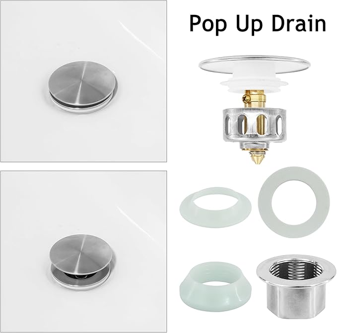 Bathroom Sink Drain,Drain Stopper Bathroom Sink Without Overflow,Pop Up Drain Assembly with Detachable Strainer Basket,Built-in Anti-Clogging, Stainless Steel Nut Brushed Nickel
