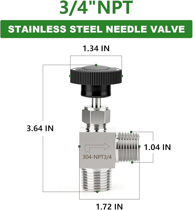 TAISHER 1PCS 304 Stainless Steel 90 Degree Needle Valve 3/4" NPT Male For Flow Control Water Gas Oil