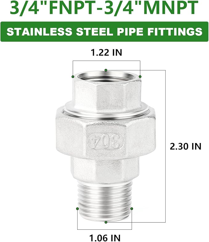 TAISHER 2PCS 304 Stainless Steel Union，3/4" NPT Male x 3/4" NPT Female Cast Pipe Fitting