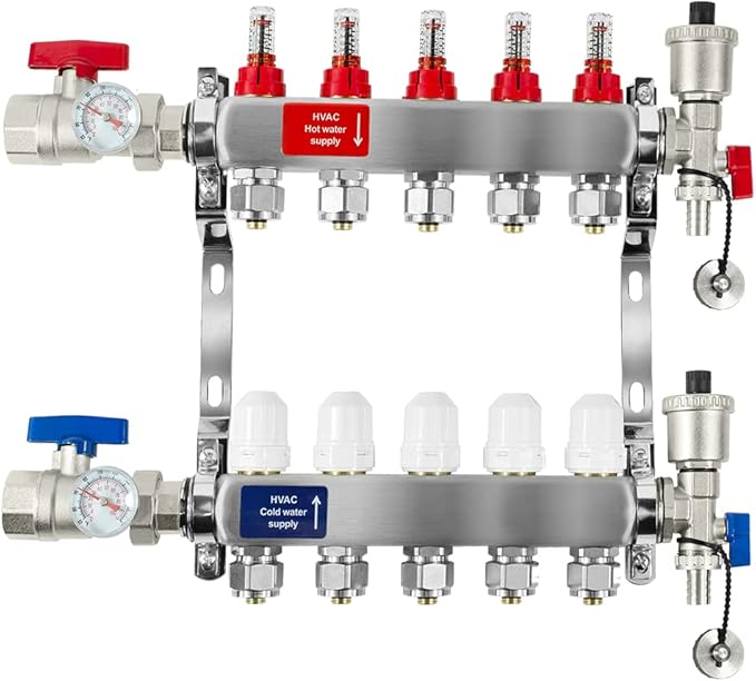 AB 5 Loop PEX/Radiant Manifold, 1/2 Inch Compatible Outlets, Up to 1.4 GPM Flow Valve for Hydronic Radiant Floor Heating(1/2" Connectors Included)