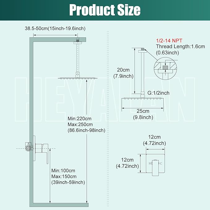 Heyalan Shower Faucet Set Square Stainless Steel Bathroom Rainfall Shower System One Handle Single Function Shower Trim Kit with Rough-in Valve Male Thread,Ceiling Mount,10 Inch,Brushed Gold