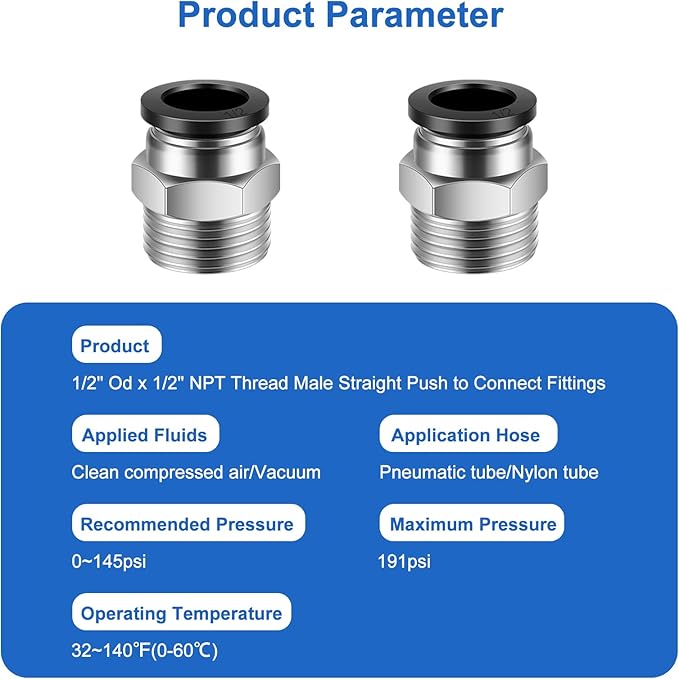 10 Pcs Push-to-Connect Fittings 1/2 Inch Tube OD x 1/2 Inch NPT Thread Pneumatic Male Straight Quick Connect Air line fittings
