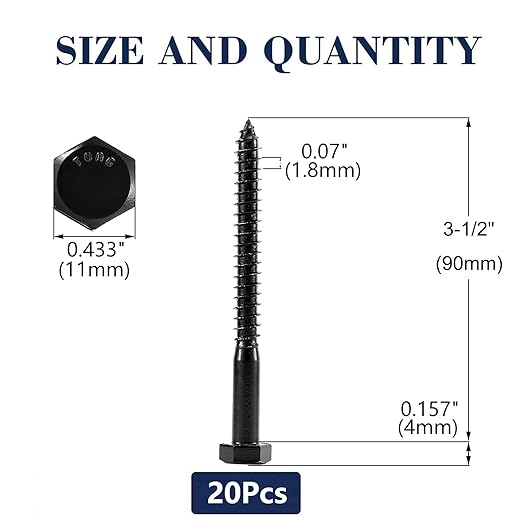 1/4" x 3-1/2" Hex Head Lag Screws Bolts 20Pcs 304 Stainless Steel 18-8, Partial Thread, Hexagon Head Wood Screws Black Oxide by SG TZH