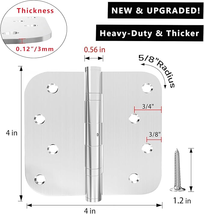 Hinges, 3 Pack Door Hinges Stainless Steel Hinges 4" Heavy Duty Hinge Ball Bearing Door Hinge with Rounded 5/8-Inch Radius Corners Thickness 3mm Hinges Heavy Duty Exterior Door Hinges