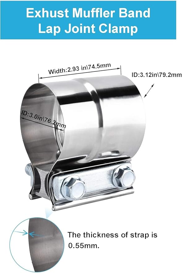 2.5 Inch Exhaust Clamps 2 Packs,2 1/2in Lap Joint Band Clamp 304 Stainless Steel for Muffler Pipe Repair,Catalytic Converters