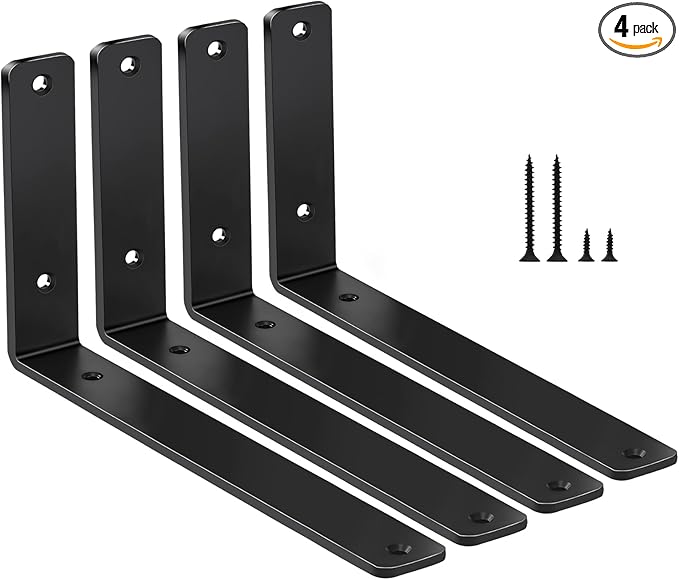 4 Pack - L 10" x H 6" x W1.5, 5mm Thick Black L Shelf Bracket, Iron Shelf Brackets, Metal Shelf Brackets, Floating Shelf, Shelf Supports with Screws